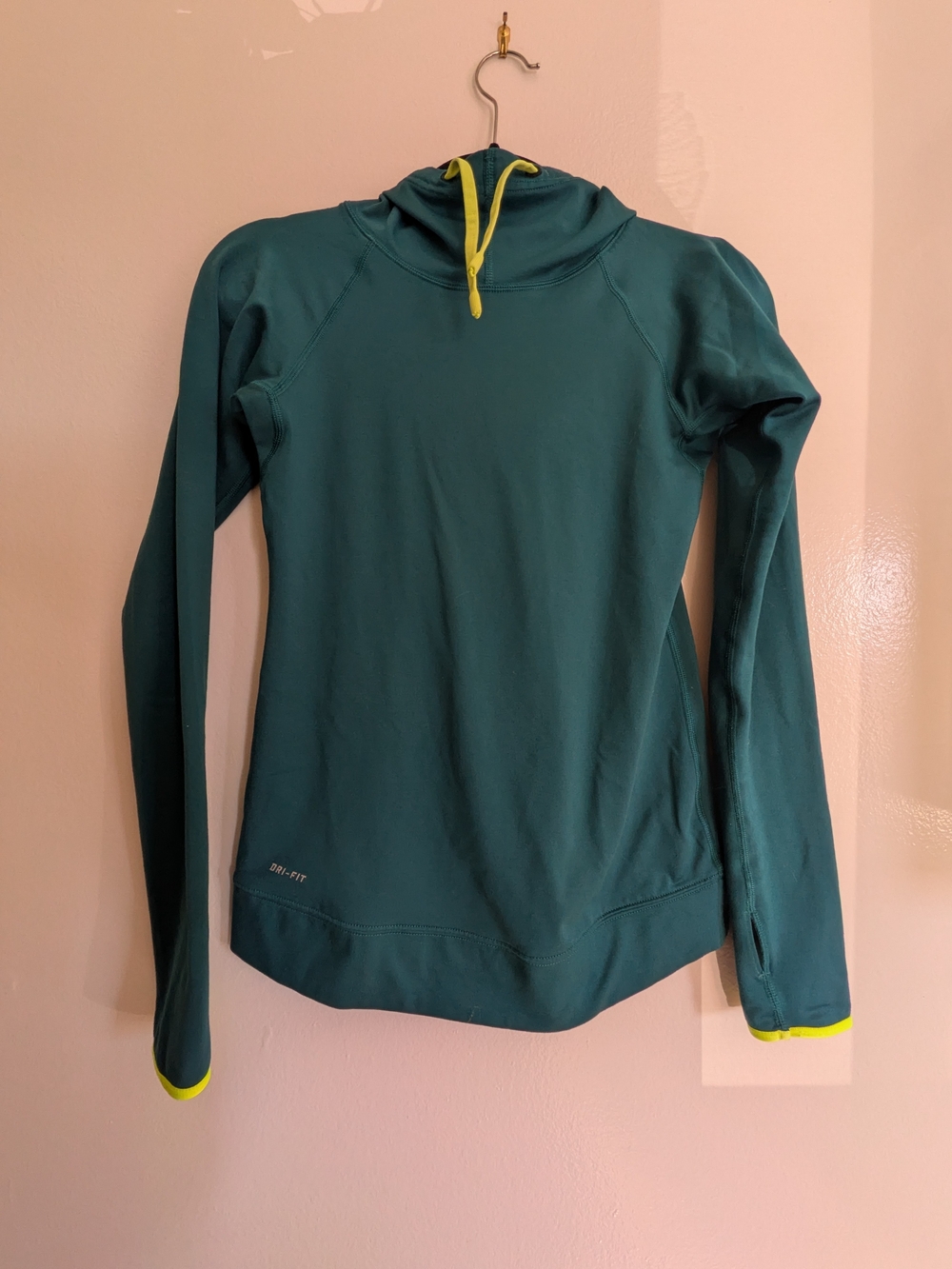 Nike Teal Hooded Long-Sleeve Active Top with Yellow Trim